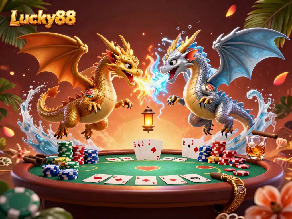 Engage in thrilling poker at Lucky88 with dynamic 3D dragons showcasing fiery and icy elements.