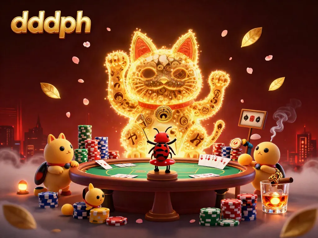 Engage with dddph's vibrant casino scene featuring a lucky cat, poker chips, and golden fireflies.