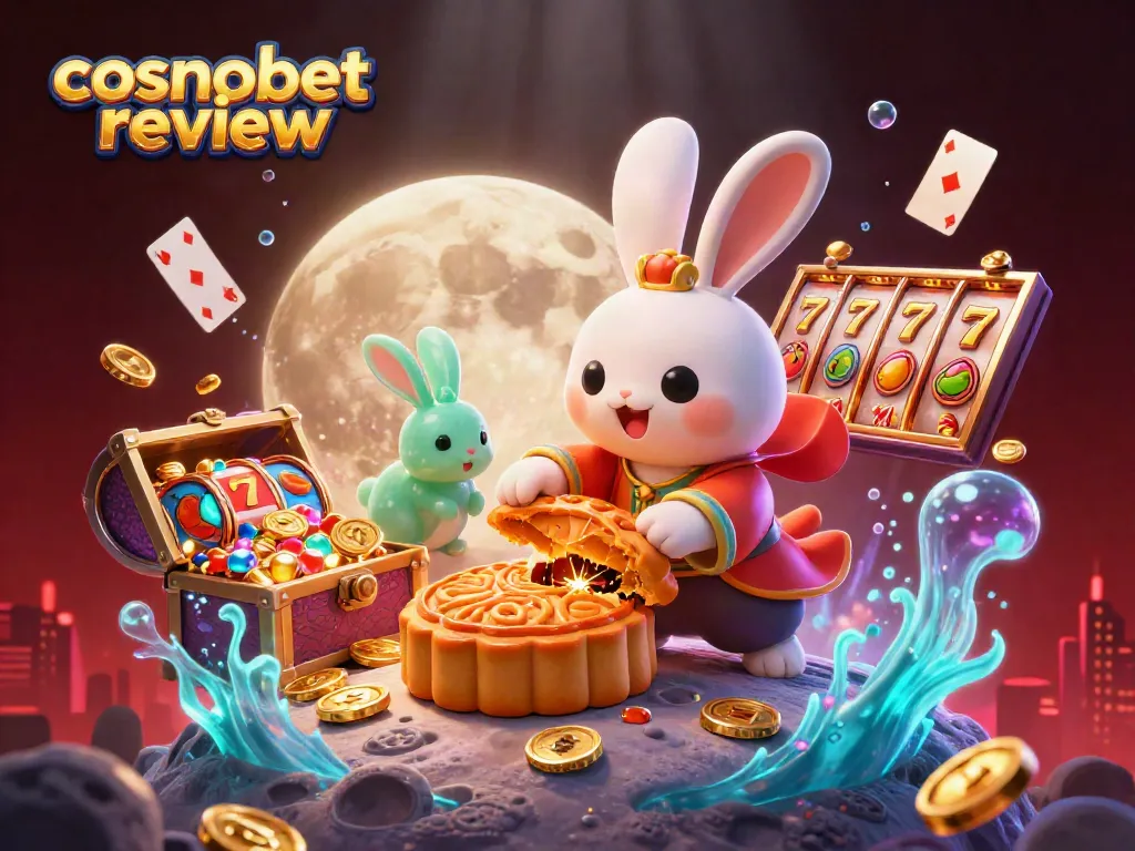 Play and win with Cosmobet review showcasing vibrant casino elements in a rich 3D scene.