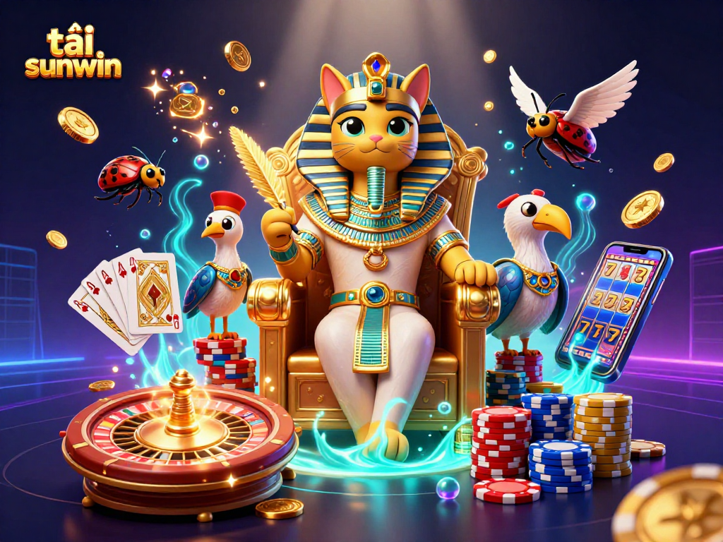 Experience the excitement of tải sunwin with a vibrant casino-themed illustration loaded with gaming elements.