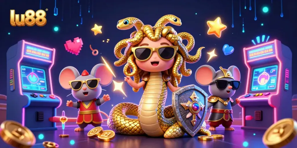 Immerse in the action at lu88's vibrant casino scene featuring dynamic game elements and cute Medusa.