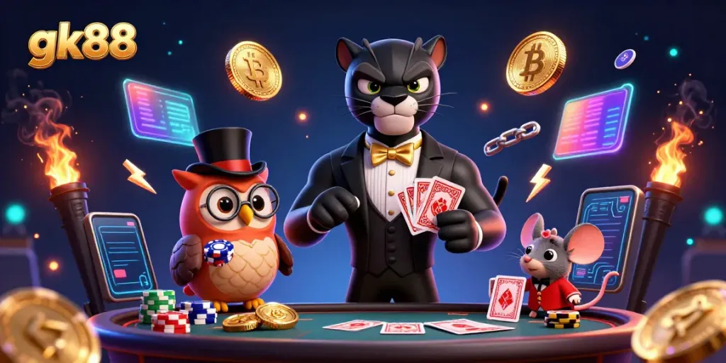 gk88 - Experience high-stakes casino excitement with cartoon characters dealing cards and holding poker chips.