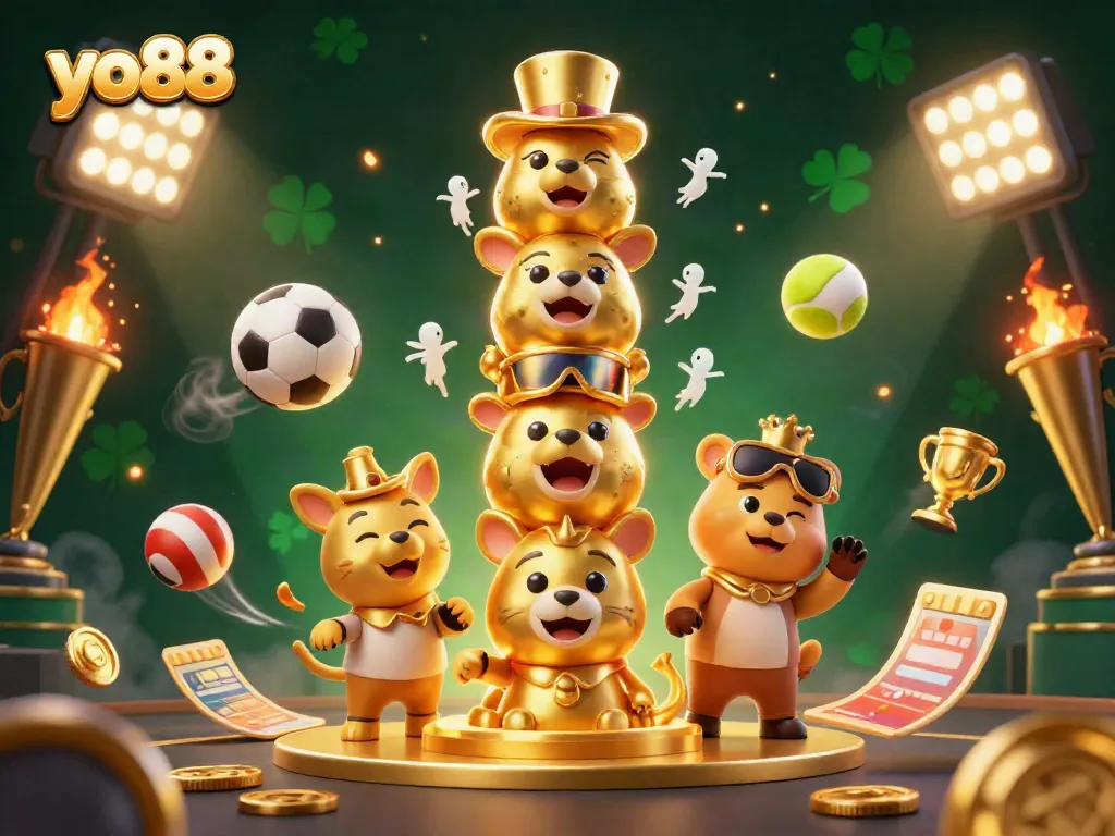 Engage in thrilling gaming experiences on yo88 with vibrant sports elements and a dynamic totem centerpiece