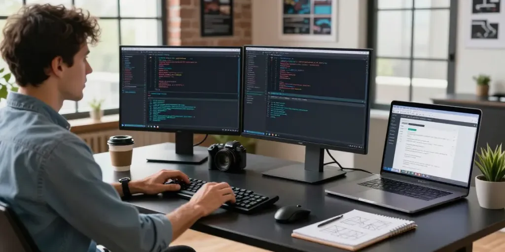 Developer using instant indexing tools in a modern tech workspace with dual monitors and laptops.