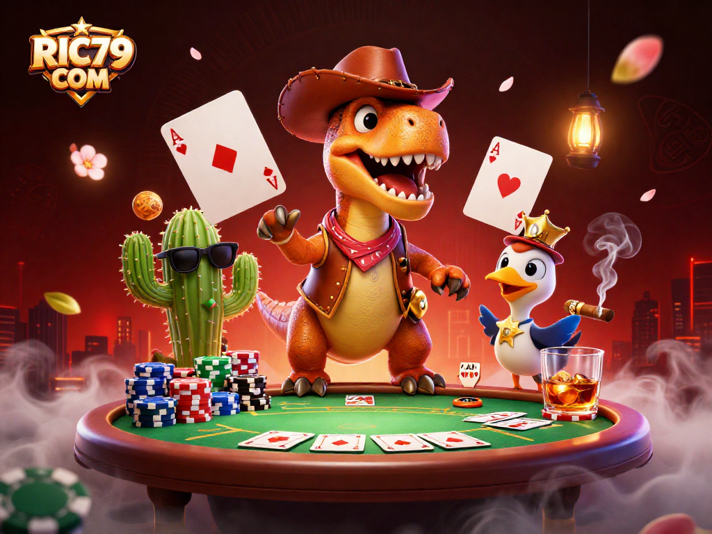 Play poker with the vibrant RIC79 COM characters, filled with action and casino elements.