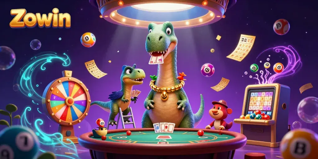 Experience the thrill of Zowin with a colorful, vibrant casino scene featuring dynamic game elements.