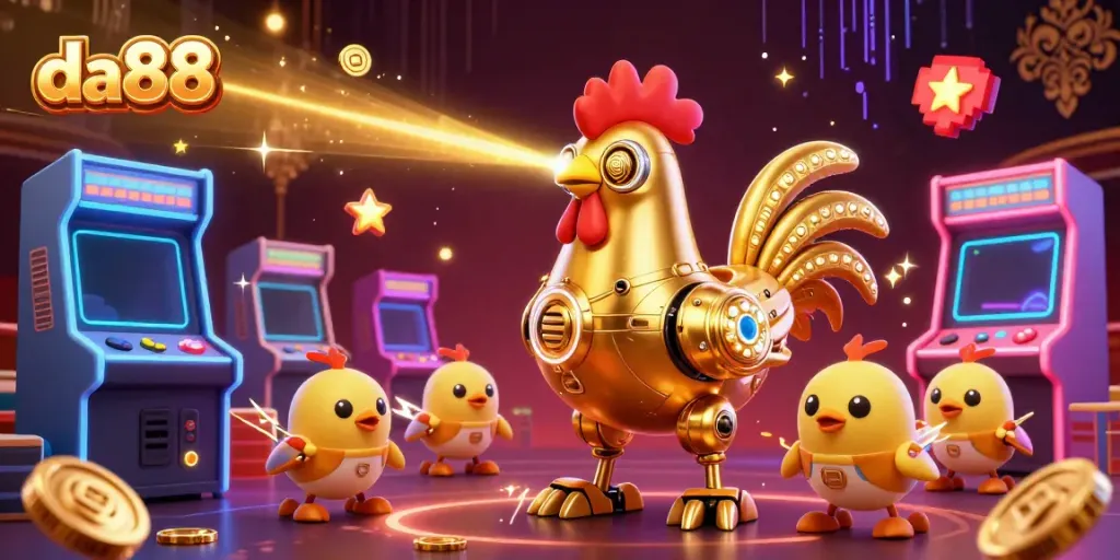 Experience thrilling gaming action at da88 with a dynamic illustration of a golden robot and baby chicken drones