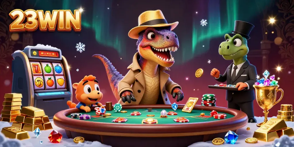 Experience thrilling blackjack moments at 23WIN with cartoon dinosaurs in a vibrant casino scene.