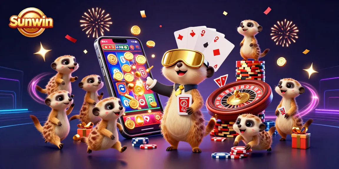 Experience exciting casino action with Sunwin's lively meerkat characters in a vibrant illustration.