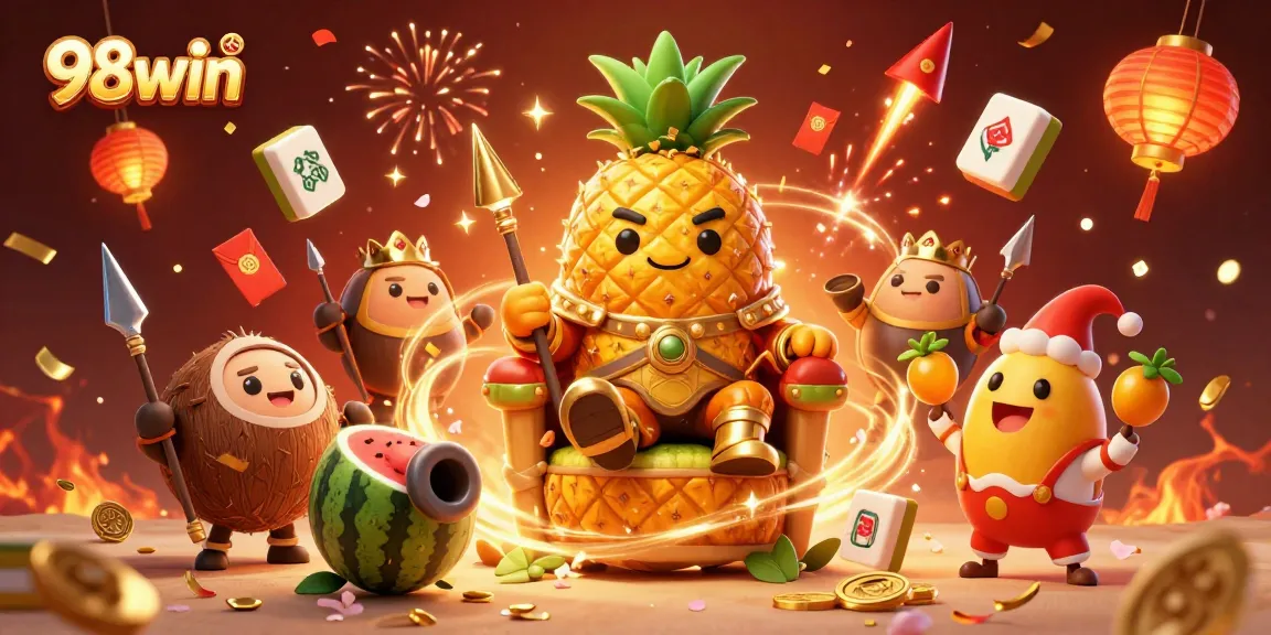 Join the fun at 98win with a triumphant golden pineapple king ruling over a vibrant beach casino.