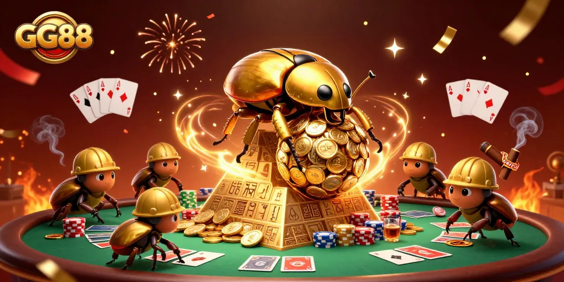 Engage with GG88's dynamic casino atmosphere featuring golden beetles and casino elements.