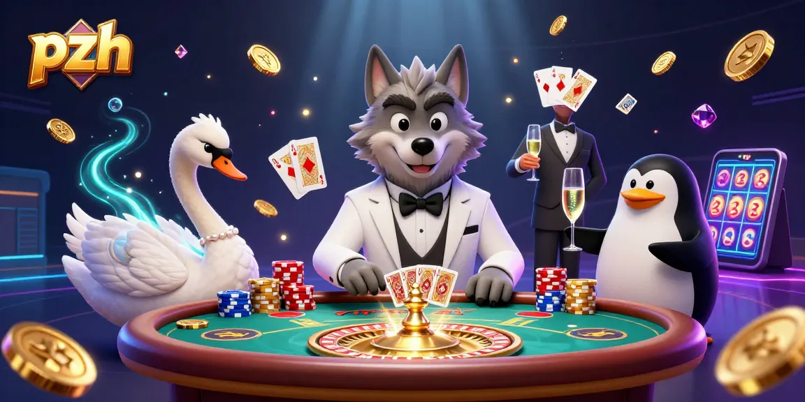 PZH showcases a lively online casino scene with a debonair wolf and elegant swan dealing cards while vibrant gold coins cascade around.