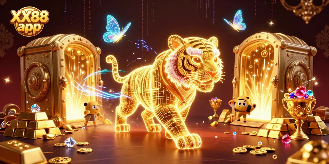 Win big with the XX88 app in a dazzling digital casino scene featuring a golden tiger.
