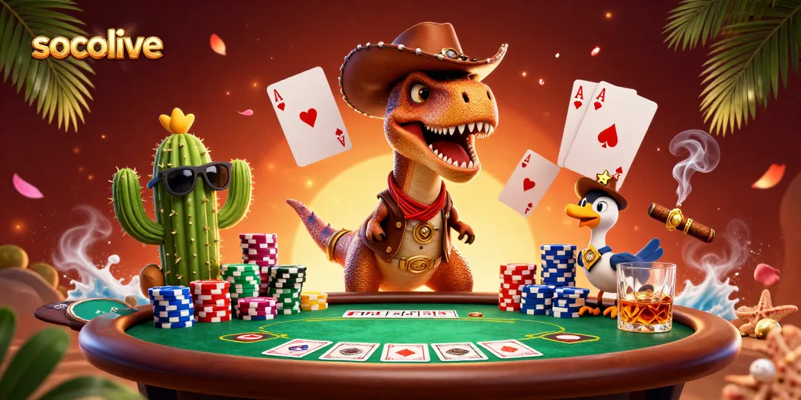 Socolive enhances your gambling strategy with lively poker action featuring dinosaur characters and colorful chips.