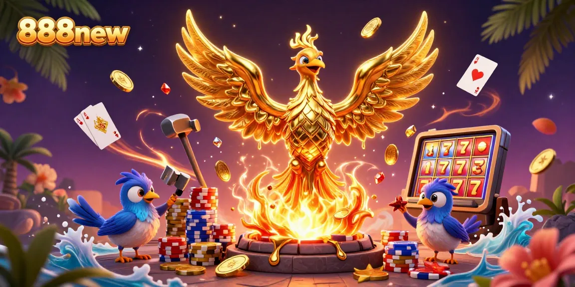 Experience thrilling gameplay at 888new, featuring a golden phoenix and vibrant casino elements.