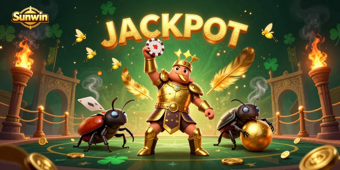 Win big at Sunwin with vibrant gaming action featuring Hercules beetles and jackpot celebration.