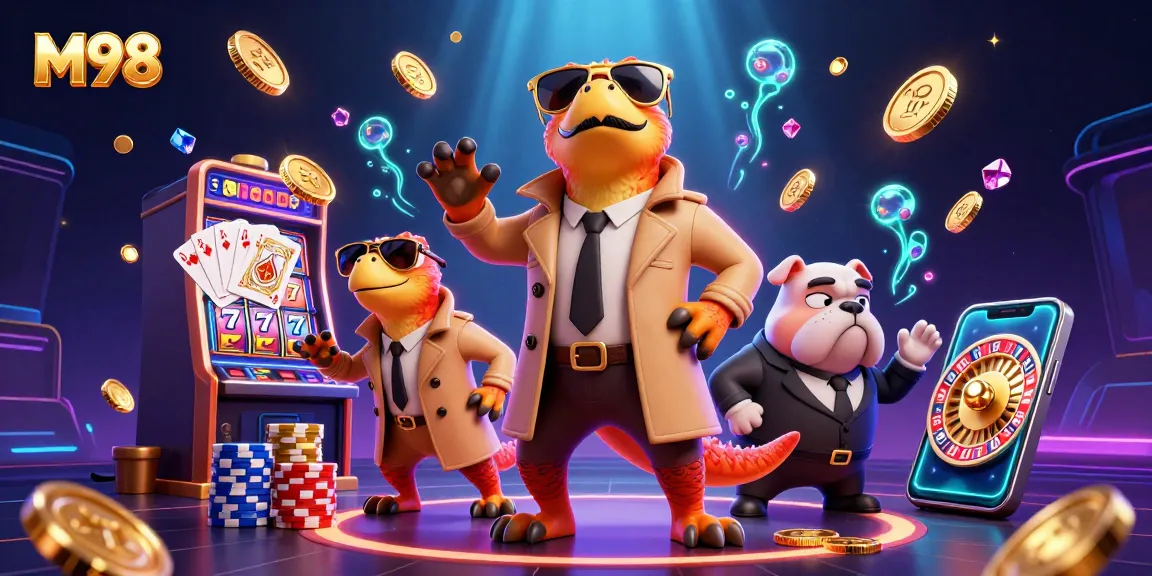 M98 players engage in thrilling slot adventures, surrounded by vibrant casino elements and dynamic gaming action.